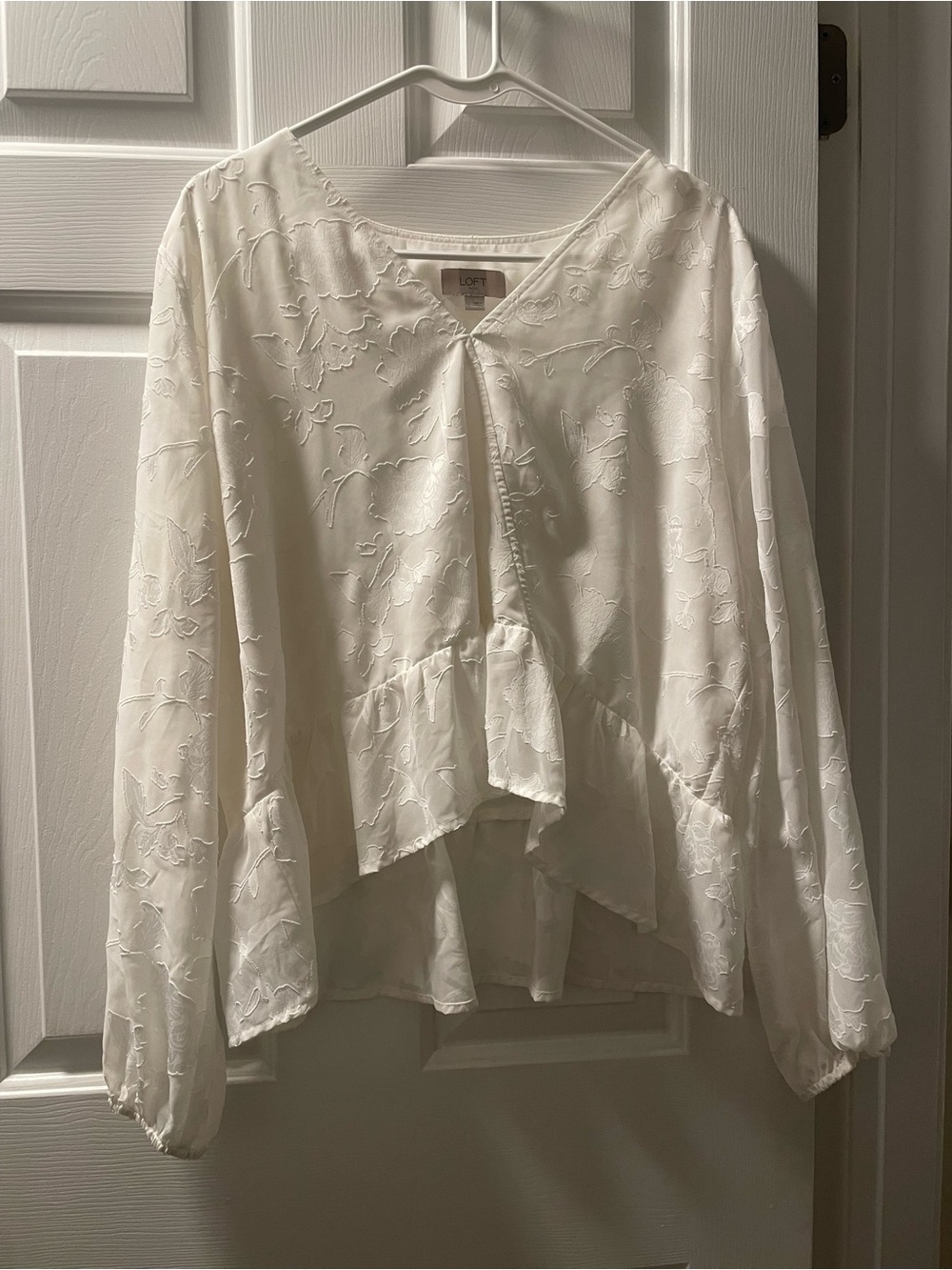 LOFT Ivory Embroidered Peplum Long-Sleeve Blouse